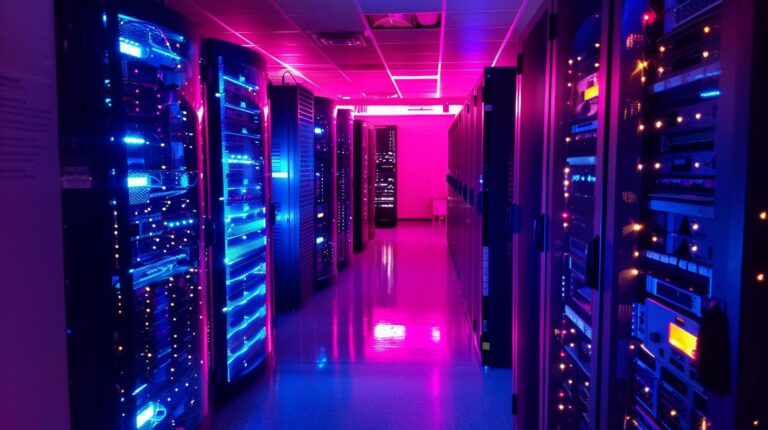 Data center server room with blue and pink LED lights illuminating network equipment racks.