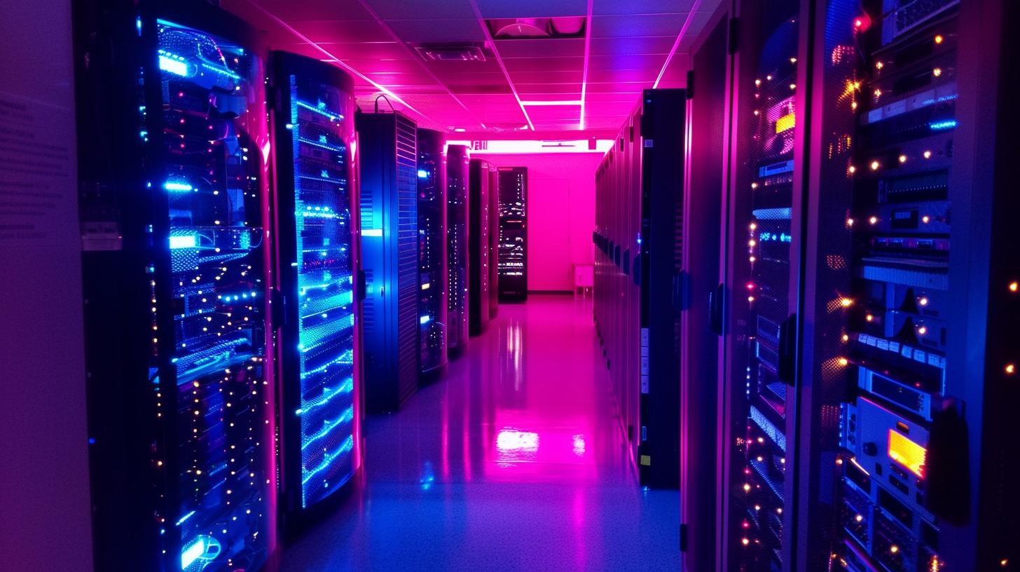 Data center server room with blue and pink LED lights illuminating network equipment racks.