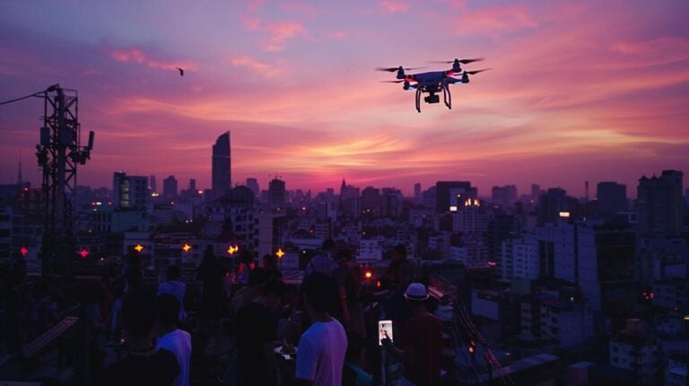 Drone flying over a bustling cityscape at sunset with people gathered on a rooftop terrace enjoying the view.
