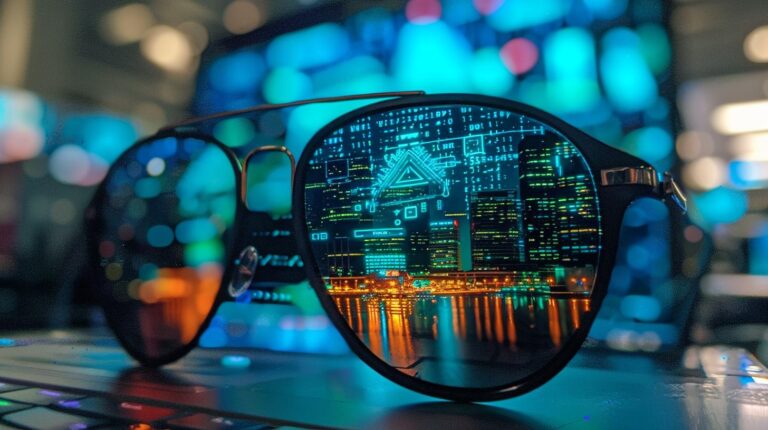 Eyeglasses on laptop with city skyline and digital overlay reflected in lenses