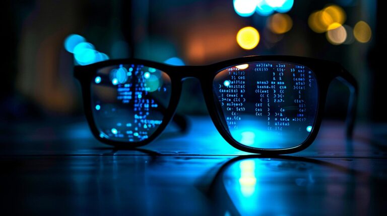 Eyeglasses on table reflecting blue screen computer code with bokeh lights background.