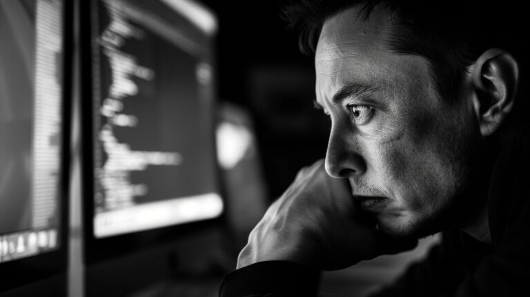 Focused man working on computer in a dark room with screen reflection on his face.