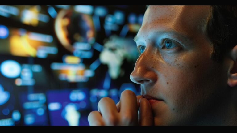 Person with focused expression looking at digital screens with futuristic interface graphics.