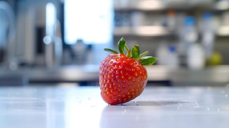 Fresh ripe strawberry on a white reflective surface with a blurred kitchen background