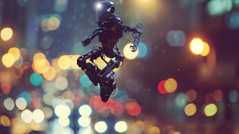 Futuristic robot with humanoid features against a blurred city lights background.