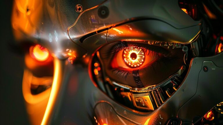 Close-up of a futuristic robotic eye with intricate mechanical details and glowing orange elements.