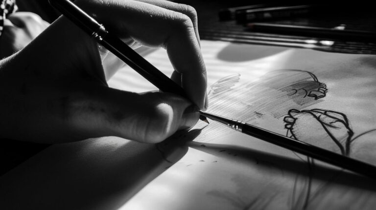 Close-up of a person's hand drawing a sketch with a pen in black and white.