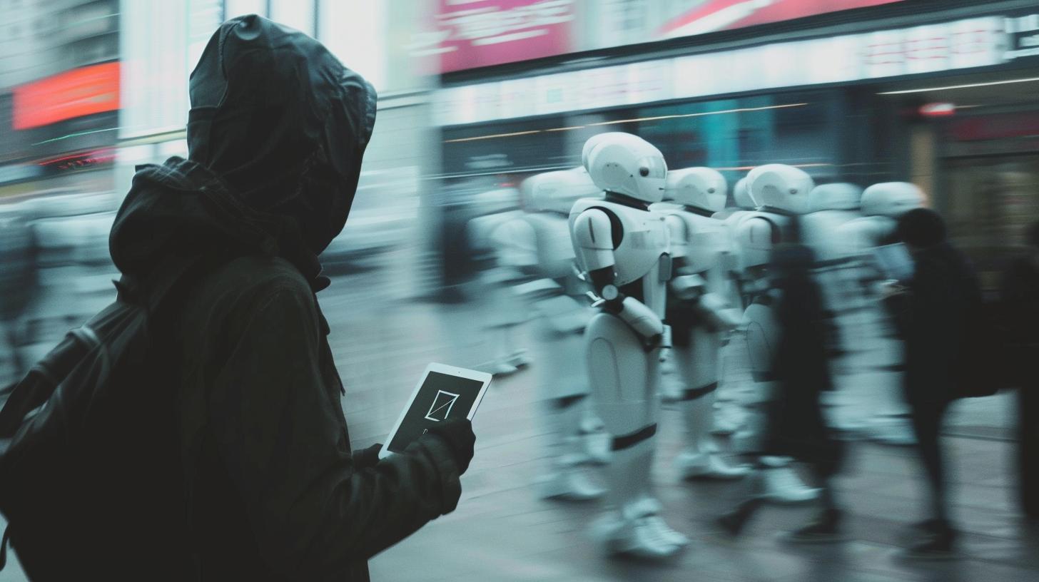 Person in hooded jacket using tablet with white humanoid robots walking in background in urban setting