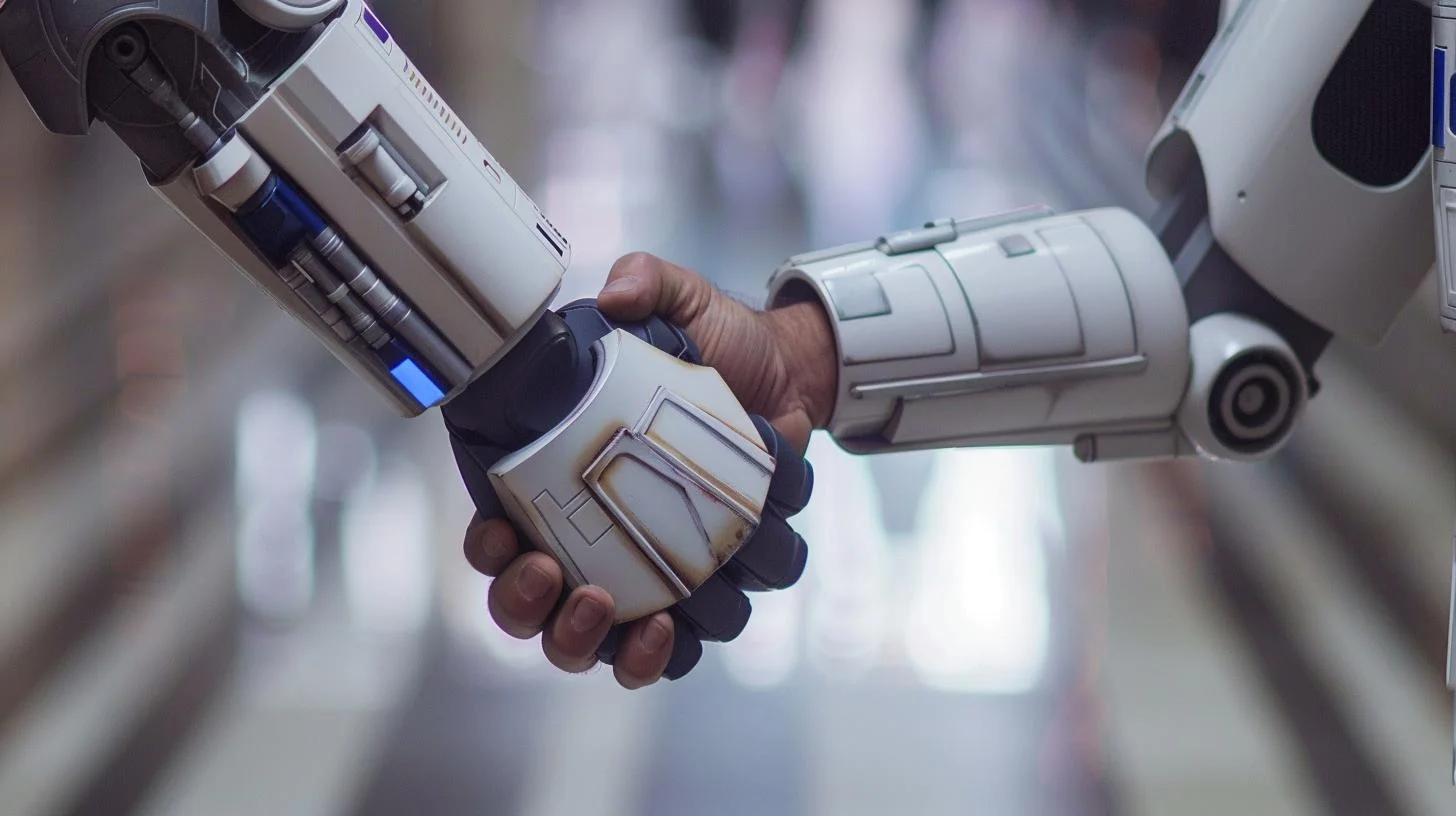 Human hand shaking hands with a robot arm, representing human-robot collaboration and technology integration.