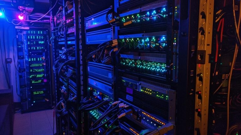 Illuminated server racks in a dark data center with glowing LED lights