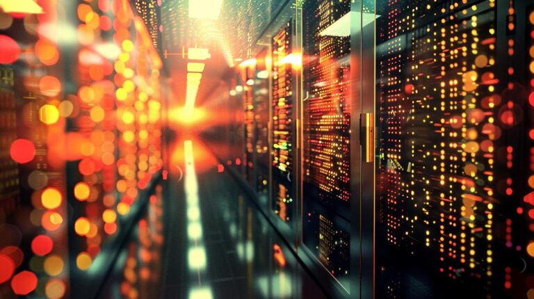 Illuminated server racks in a data center with glowing lights and lens flare effect.