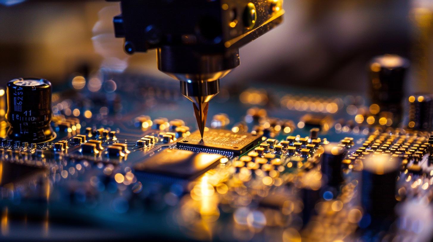 Close-up of a machine drilling into a computer motherboard with electronic components and circuits visible.