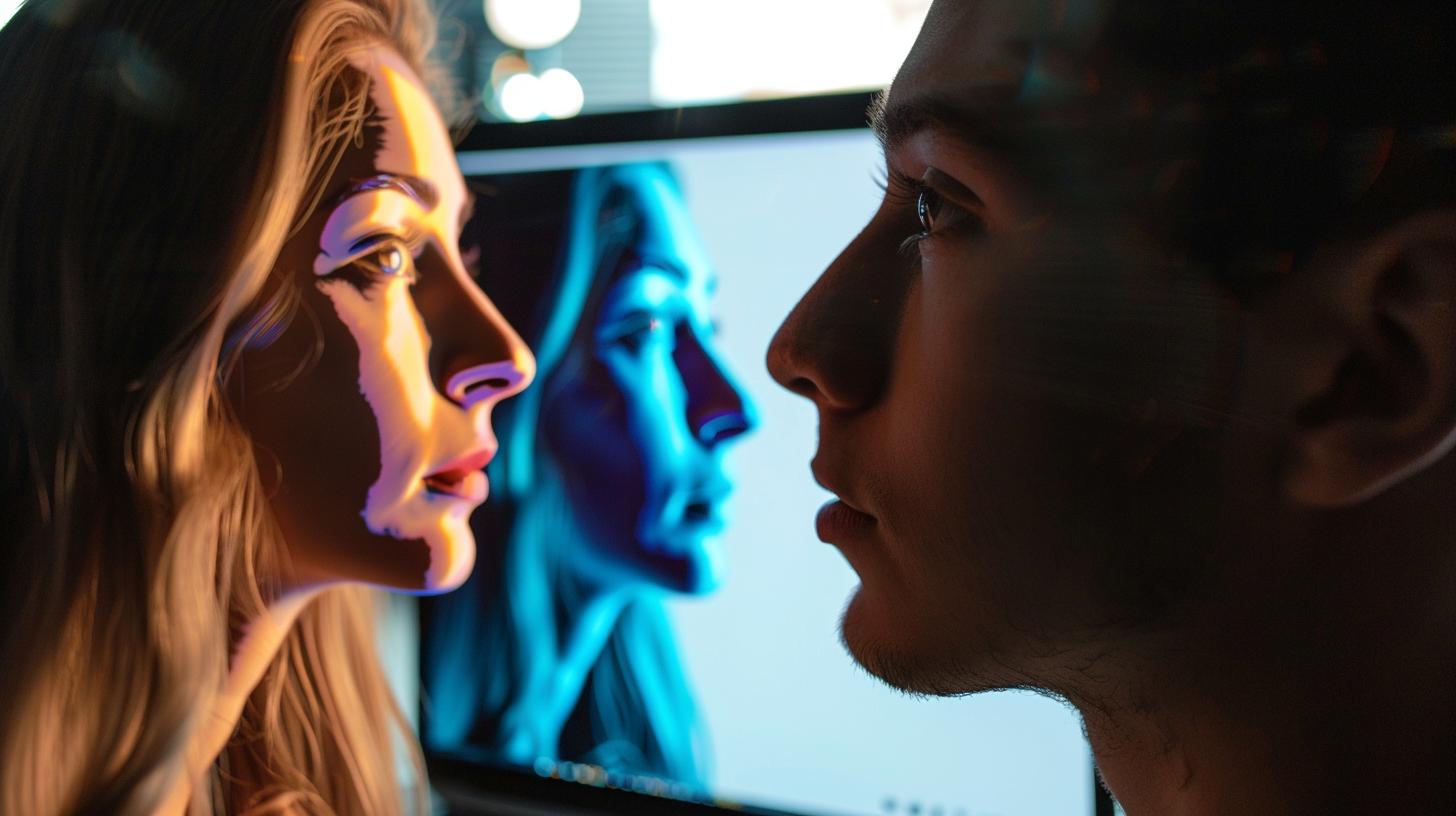 Man and woman facing each other with a digital art portrait on the screen in the background.