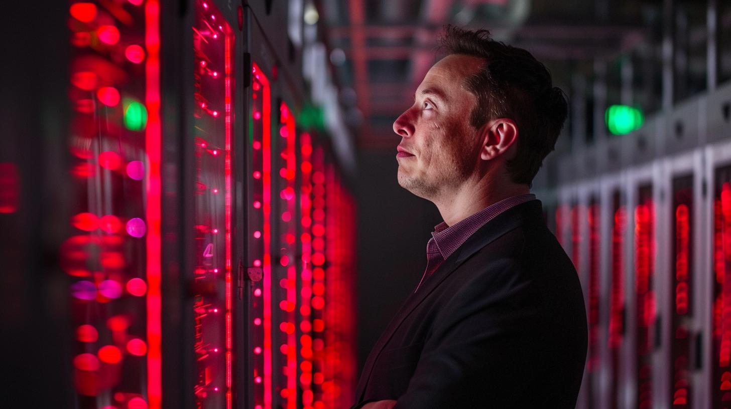 Man in business attire looking at glowing red lights on server racks in a data center.