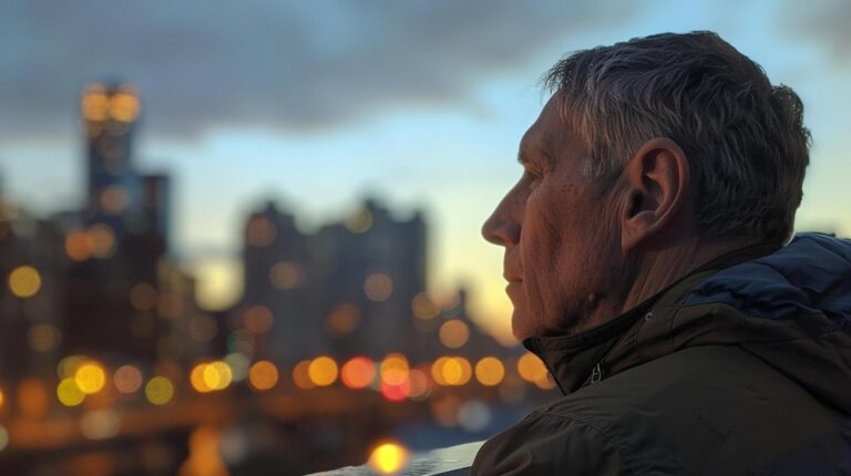 Man looking at city skyline during sunset with blurred lights in the background