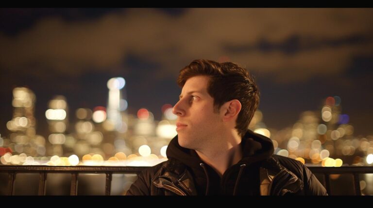 Man looking over city skyline at night with bokeh lights.