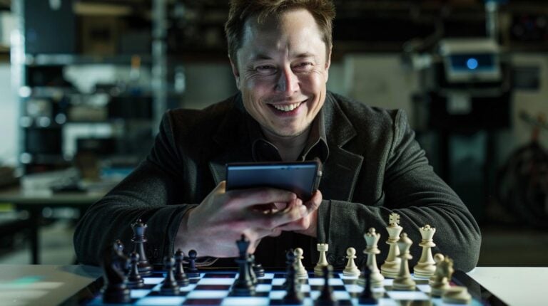 Man smiling while holding a smartphone with a chessboard in the foreground.