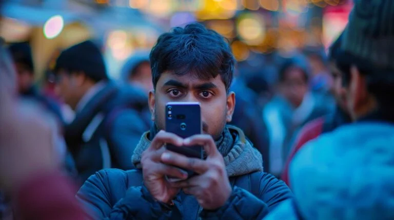 Man using smartphone to take picture in crowded street setting