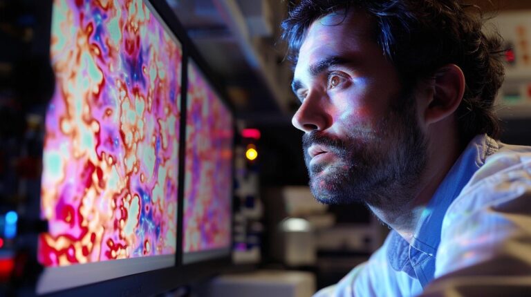 Man intently watching colorful abstract patterns on a computer screen in a dimly lit room.