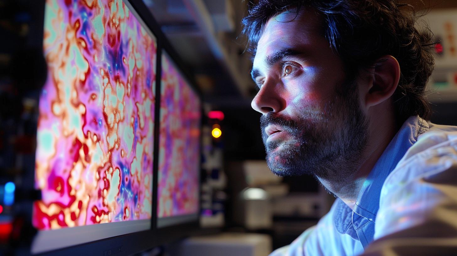 Man intently watching colorful abstract patterns on a computer screen in a dimly lit room.