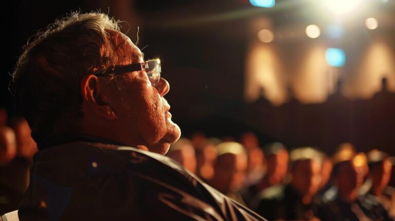 Man watching a performance in an auditorium with audience and stage lights in the background