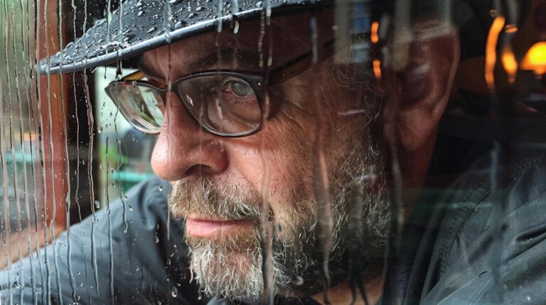 Man with a beard wearing glasses looking through a raindrop-covered window.