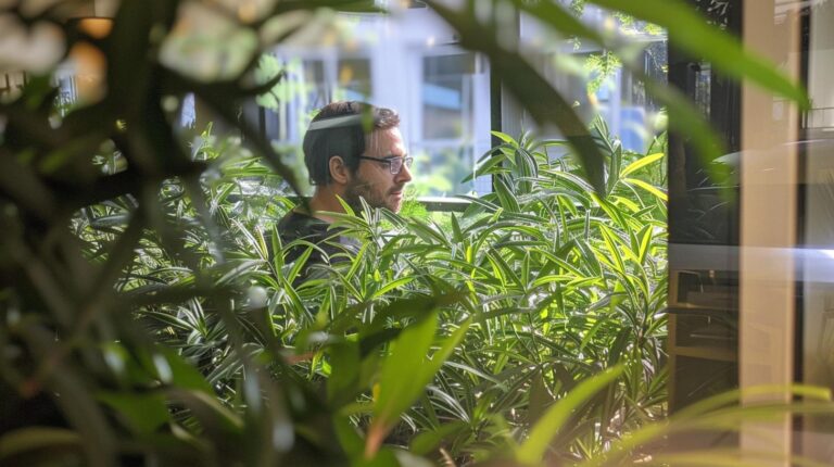 Man working behind green office plants with natural lighting.