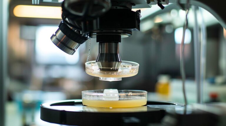 Microscope examining petri dishes in a laboratory setting