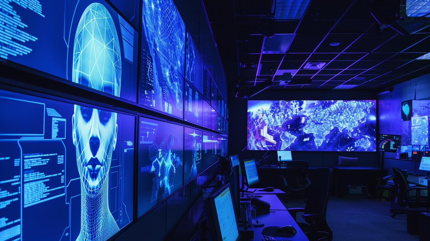 Modern cyber security operations center with multiple computer screens displaying various digital data and network maps.