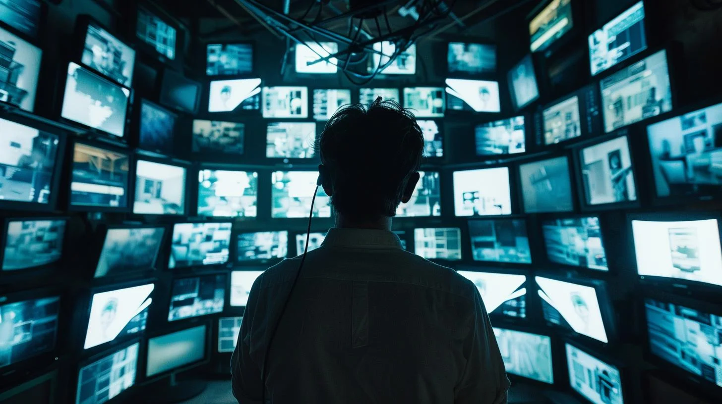 Person standing in front of a wall of surveillance monitors in a control room.