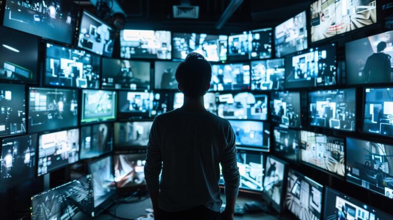 Person standing in front of multiple surveillance screens in a dark control room.