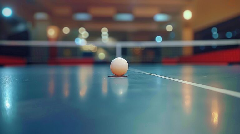 Ping pong ball on table tennis table with blurred background in indoor sports facility.