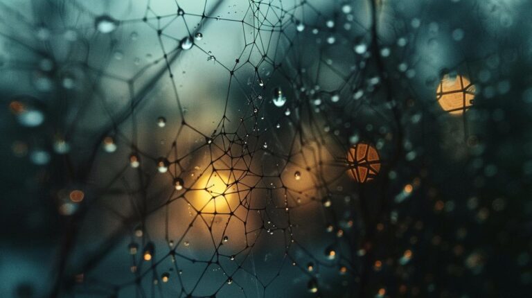 Raindrops on spider web with blurred street lights in the background at twilight.