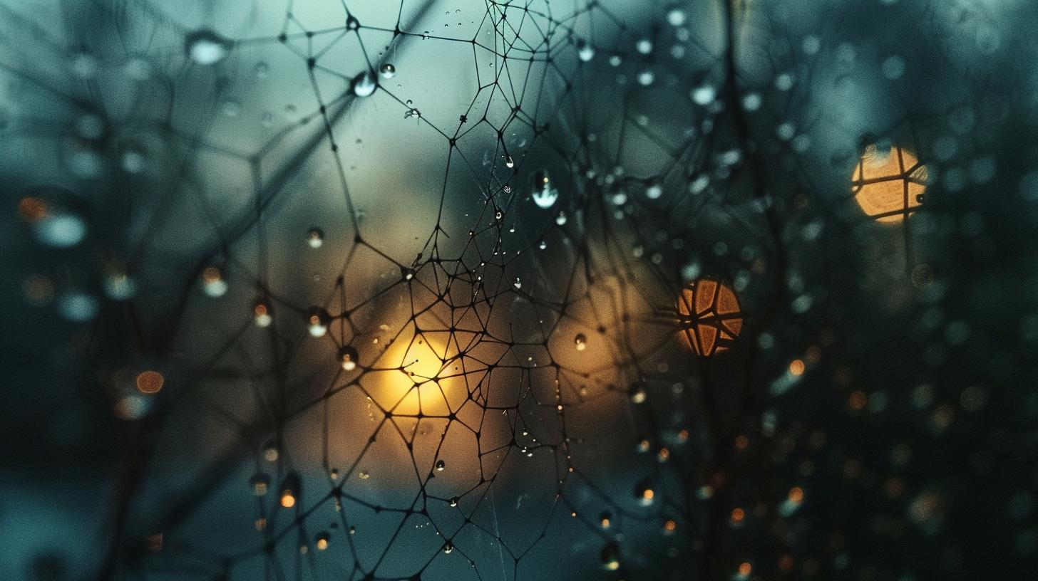 Raindrops on spider web with blurred street lights in the background at twilight.