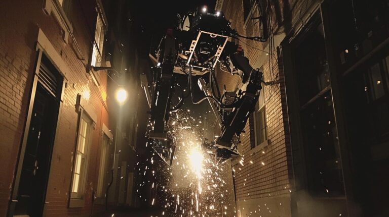 Impressive robotic complex machinery with sparks in a narrow alleyway at night