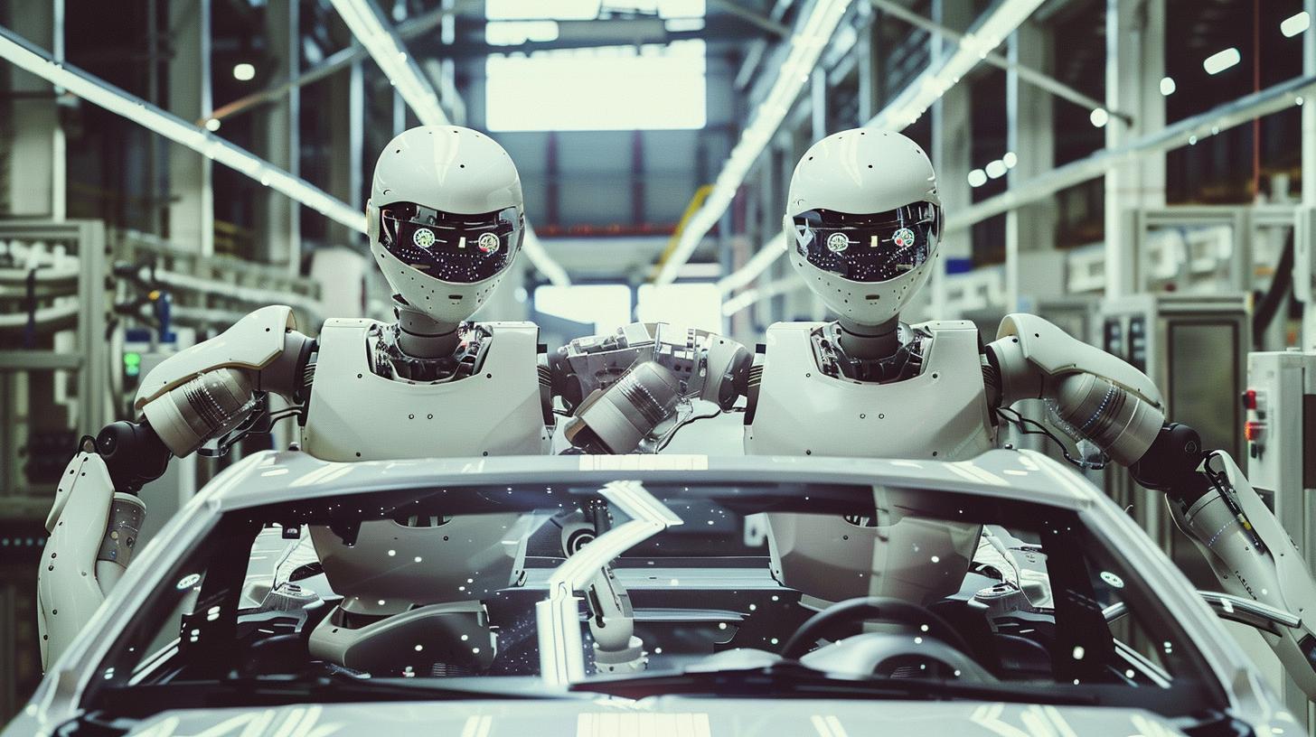 Two advanced humanoid robots assembling a car on a factory production line.