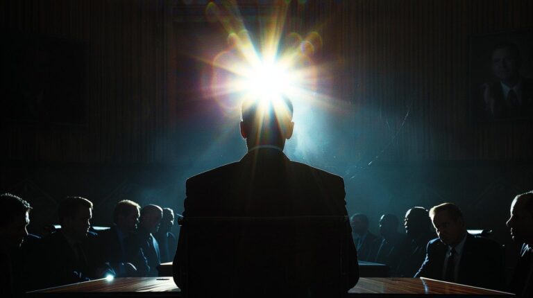 Person silhouette with intense backlight in a meeting room setting