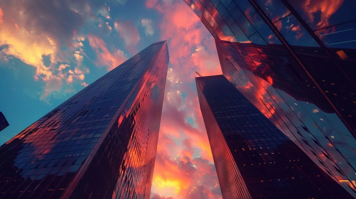 Skyscrapers with reflective glass facades against a vibrant sunset sky.