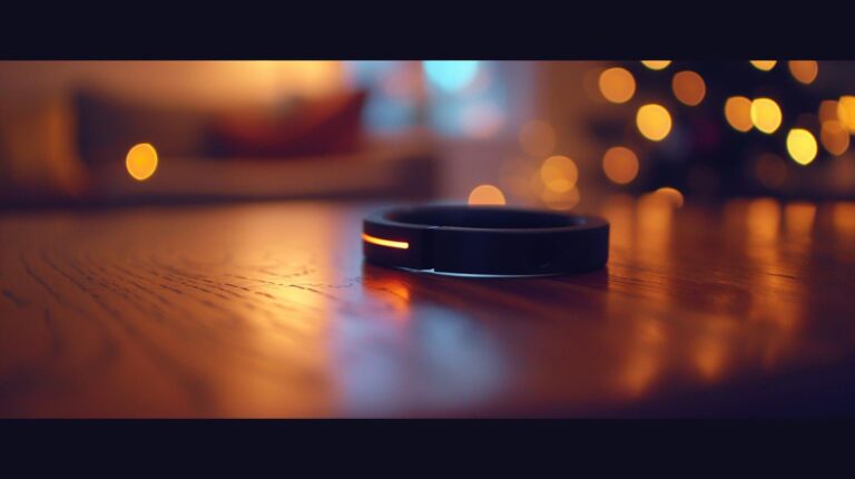 Smart fitness tracker on a wooden table with warm bokeh lights in background