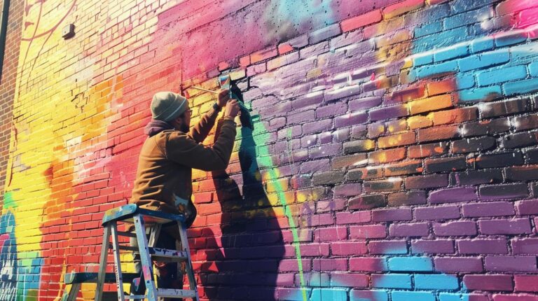 Street artist painting colorful mural on urban brick wall