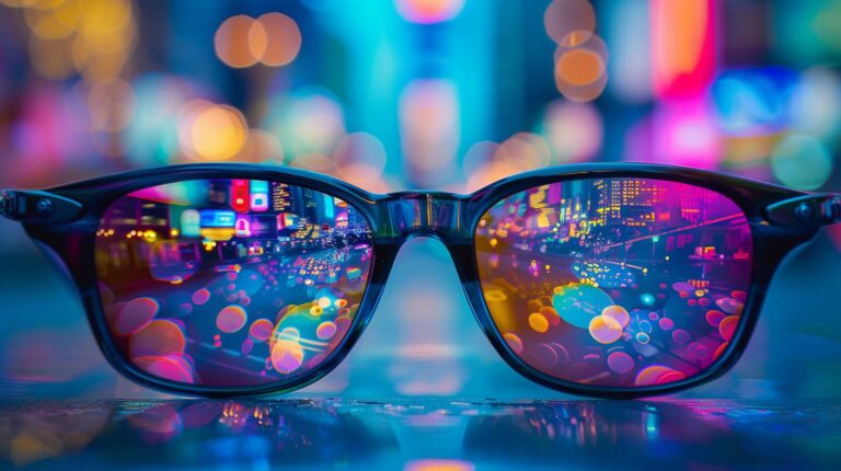 Sunglasses with reflection of vibrant city lights at night.