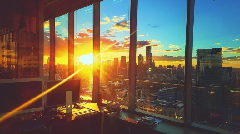 Sunset view from a modern office overlooking a cityscape with skyscrapers and vibrant sky colors.