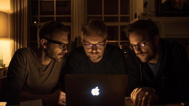 Three men working on a laptop in a dimly lit room.