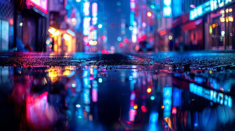Vibrant city street at night with neon lights reflecting on wet surface.