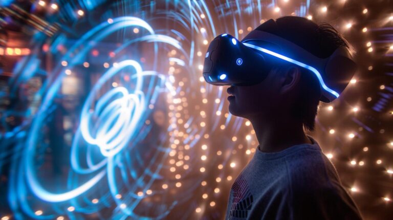 Person experiencing virtual reality with a VR headset in a room with dynamic lighting effects.
