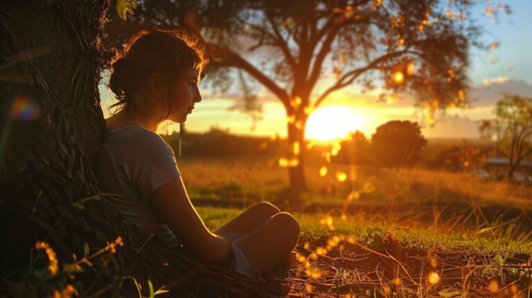 Woman sitting under a tree enjoying a sunset in a serene countryside setting.