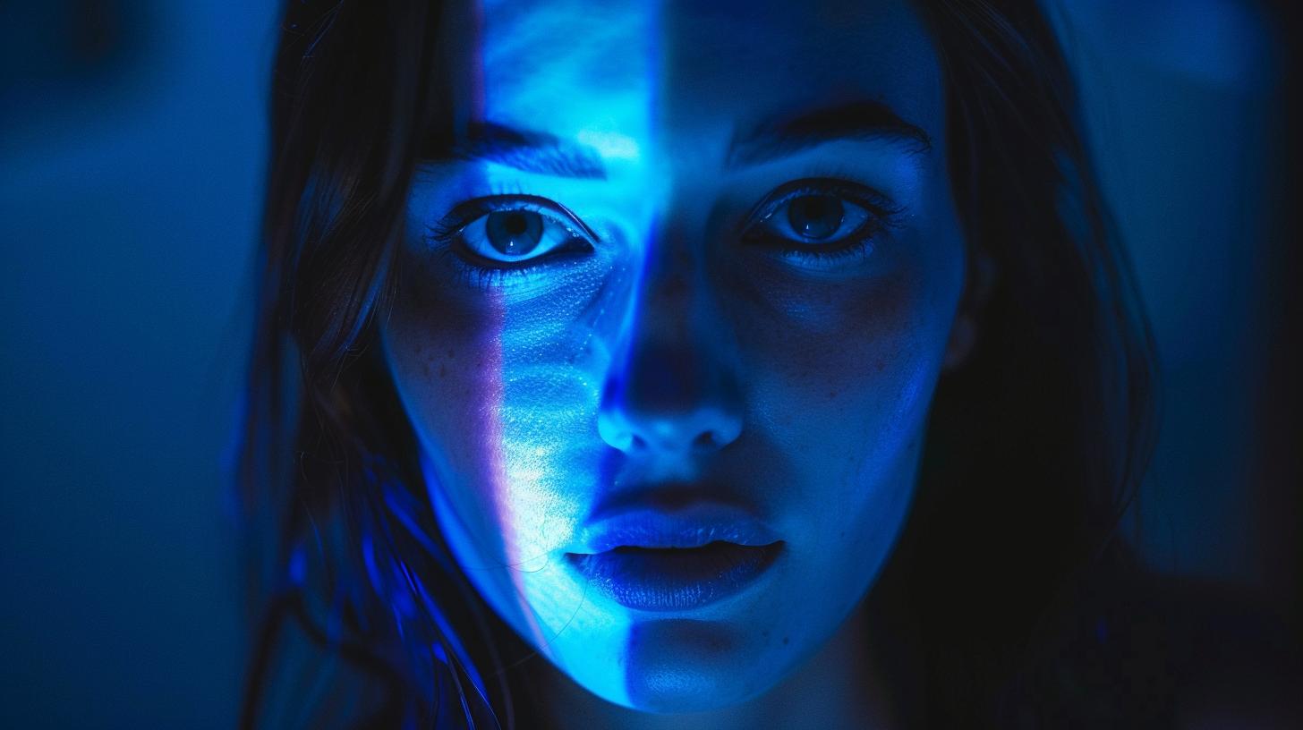 Woman with intense gaze illuminated by blue light.