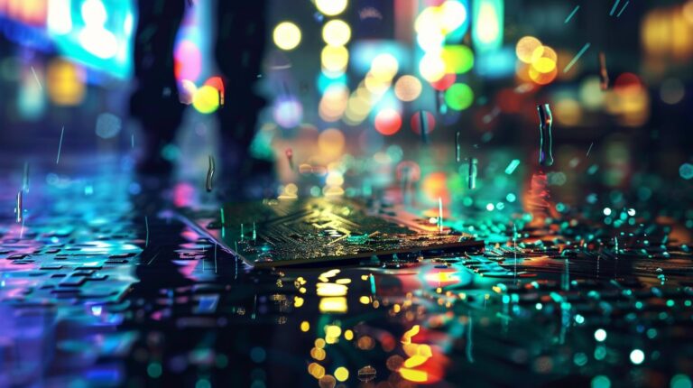 Colorful bokeh lights with blurred silhouette of a person walking over a reflective motherboard cityscape.