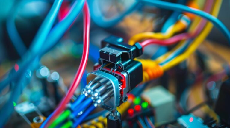 Close-up of colorful computer cables and connectors inside an electronic device or computer system