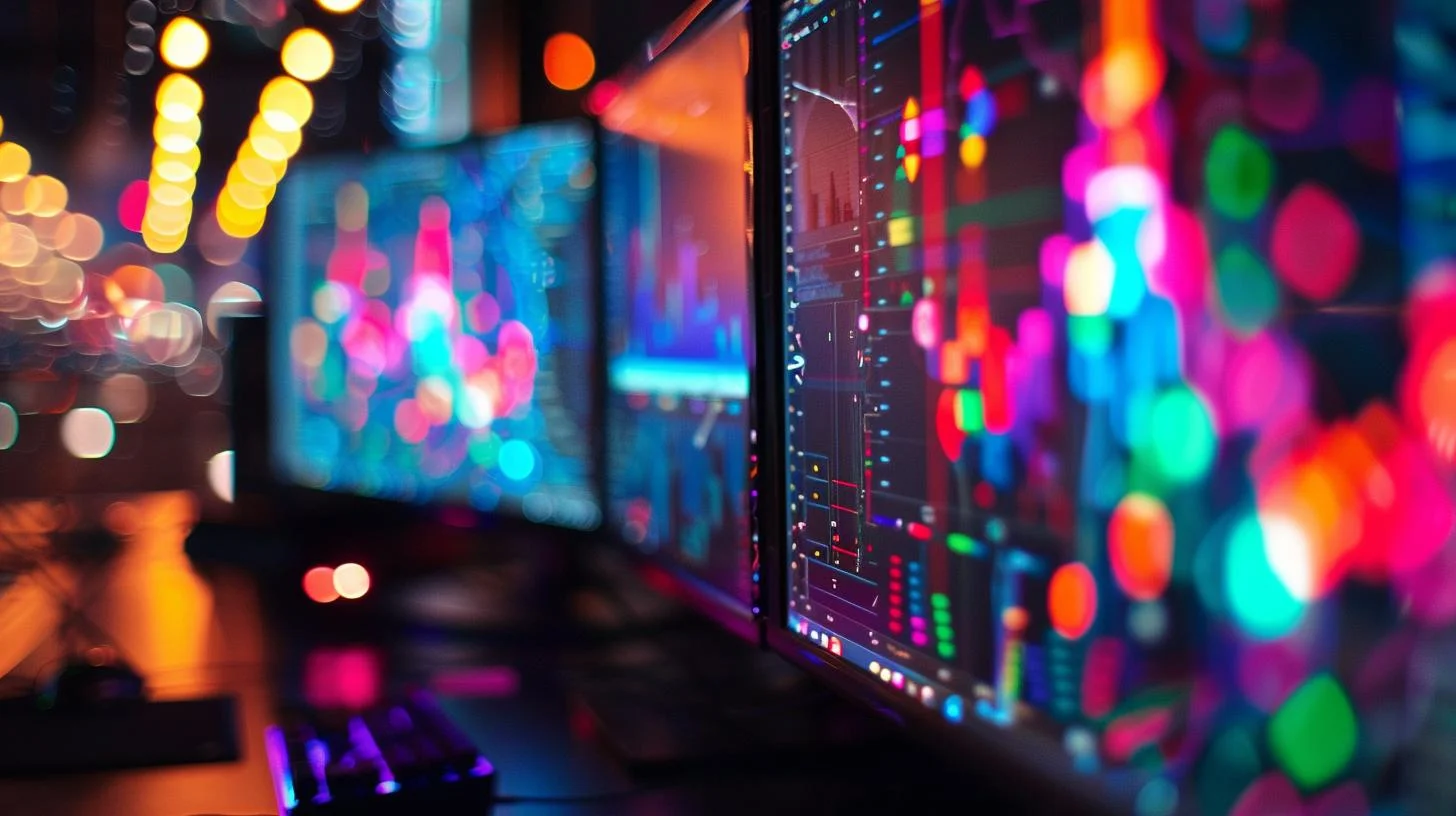Dual monitors with trading charts on screens in a dark room with vibrant bokeh lighting effects
